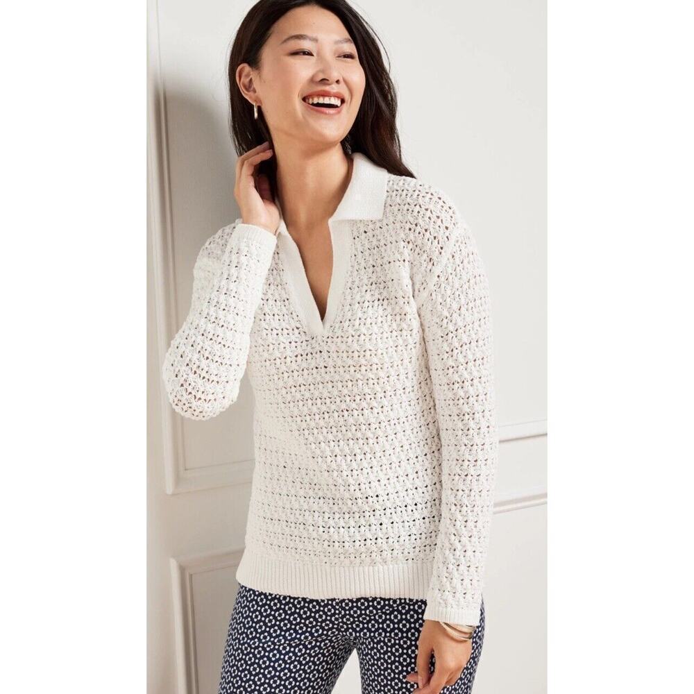 Talbots Sweater‎ Women Size XL Open Stitch Johnny Collar Pullover White Cotton